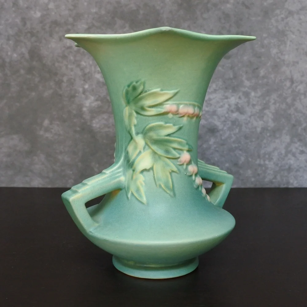 Vintage 1940s Roseville Pottery Bleeding Heart Pink Floral Green Vase 969-8 - Picture 4 of 9